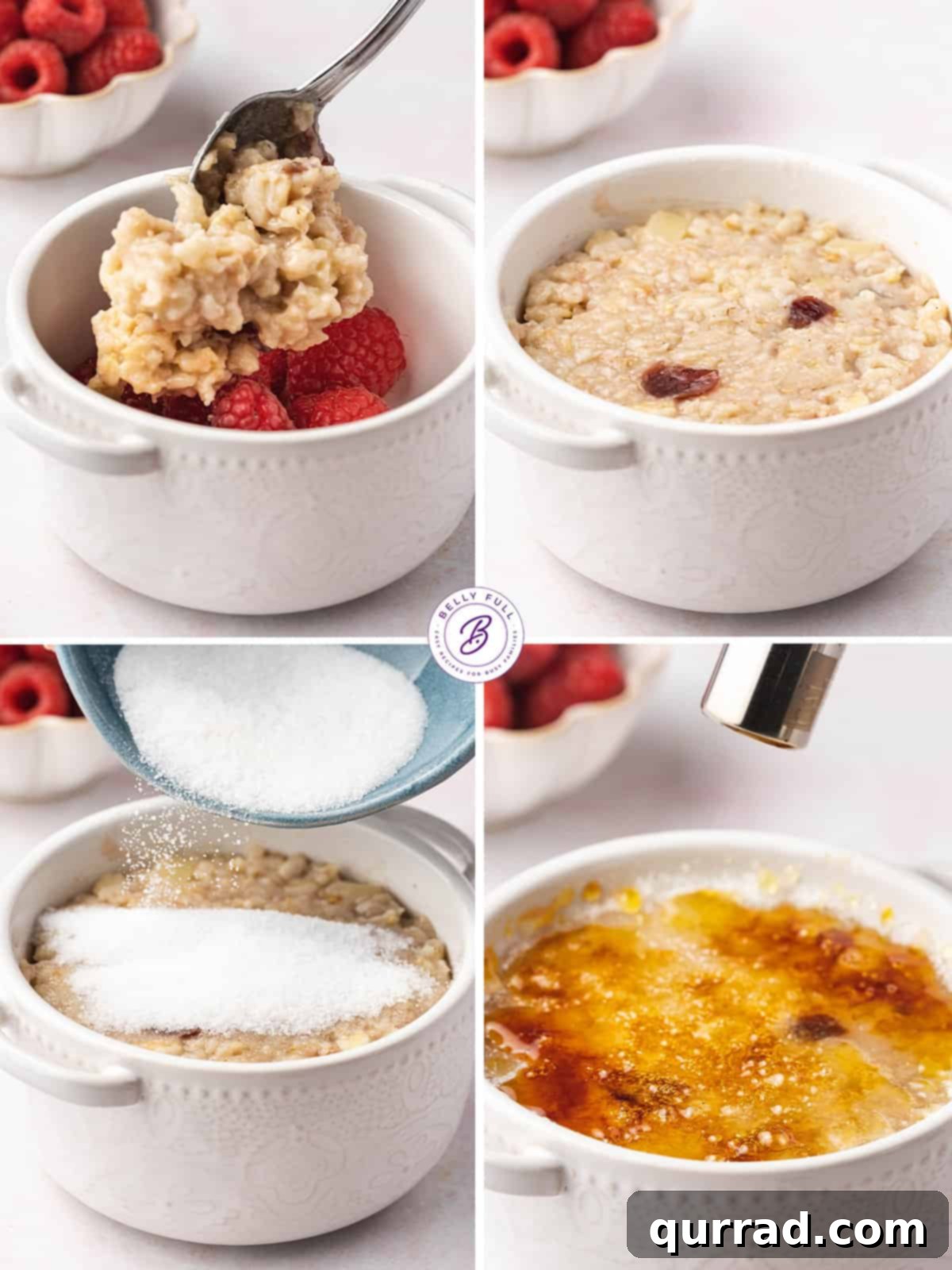 Golden Crusted Oatmeal 4 A four-picture collage demonstrating the process of how to make oatmeal brulee: cooking the oats, assembling the ramekins, sprinkling sugar, and caramelizing the top.