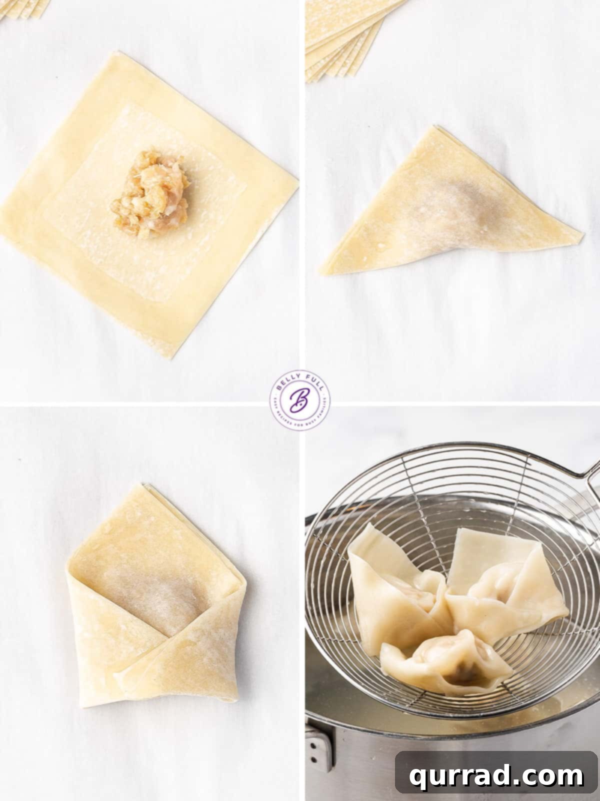 A four-panel step-by-step image showing how to assemble Chinese dumplings