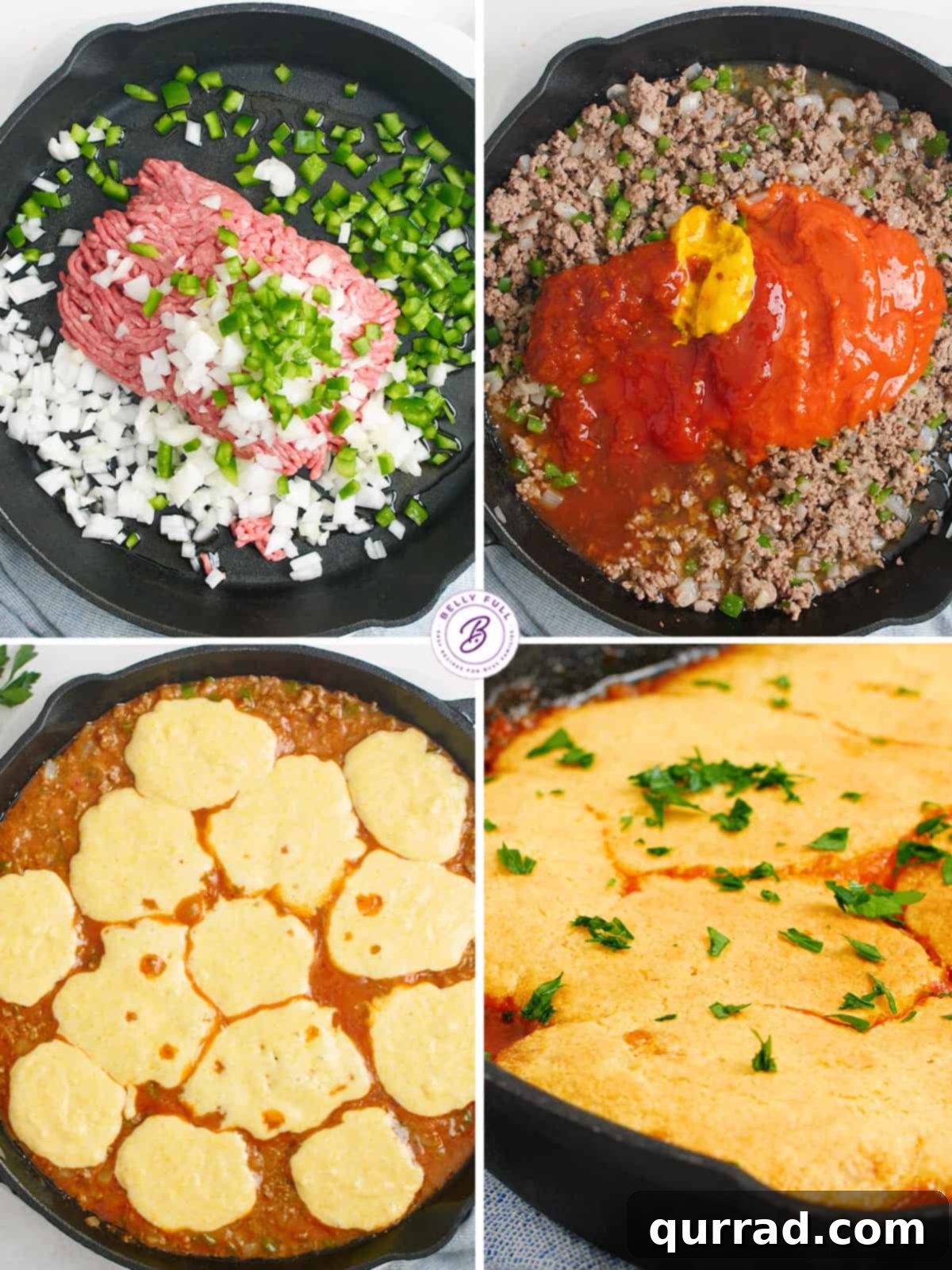 Golden Cornbread Sloppy Joe Pie 4 A four-image collage showing the step-by-step process of making Cornbread Sloppy Joe Skillet, from browning meat to adding cornbread batter.