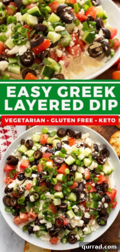 Vibrant Mediterranean Layered Dip 9 Two-panel vertical image for Pinterest, featuring the finished Greek Layered Dip and its fresh ingredients, inviting users to try the recipe