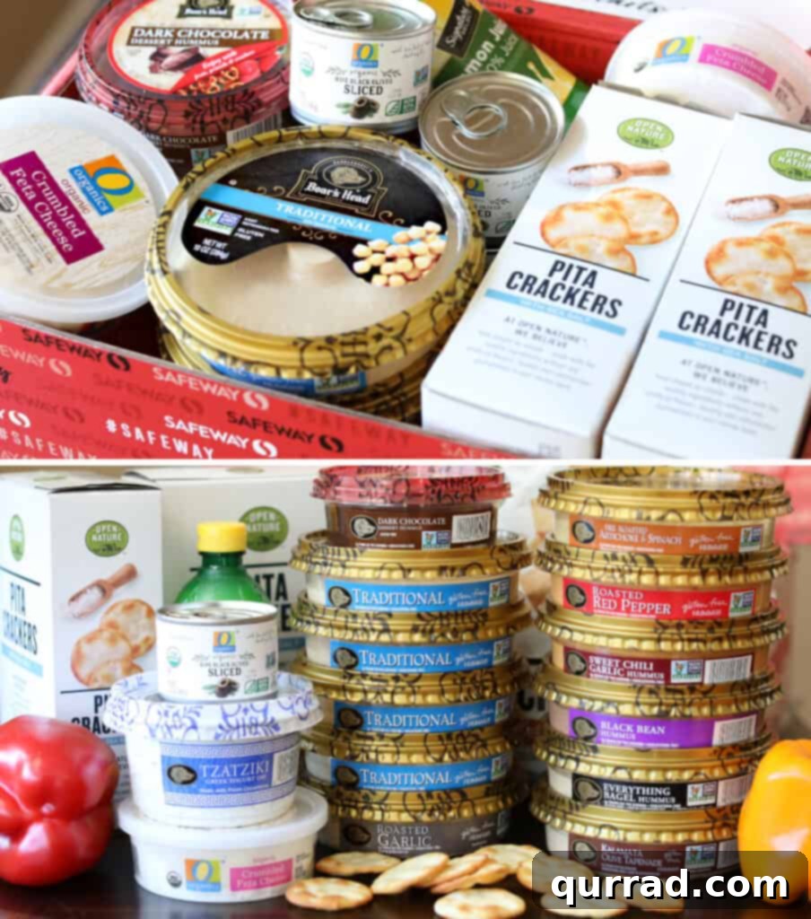Vibrant Mediterranean Layered Dip 4 Assortment of Boar's Head hummus containers, showcasing various flavors for versatile use in Mediterranean dips and snacks