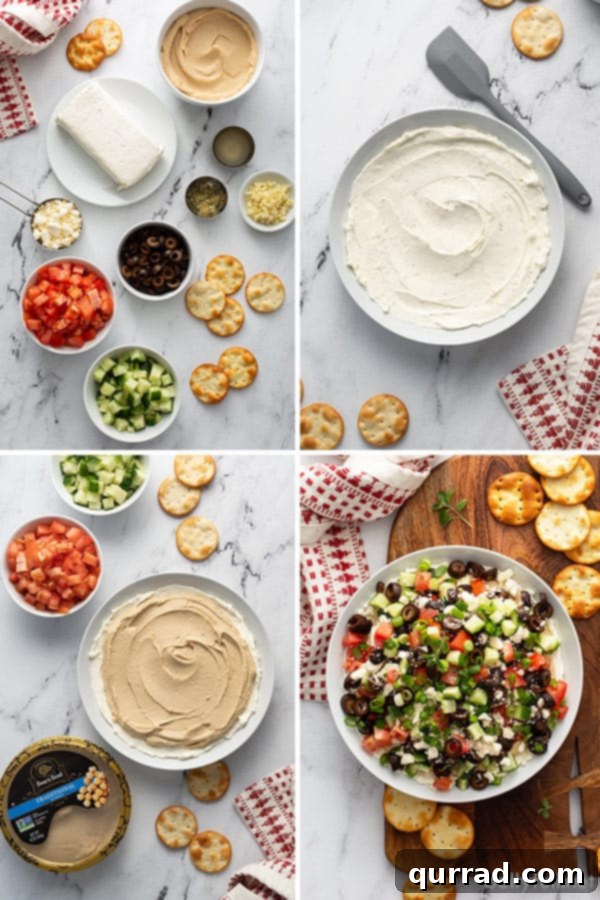 Vibrant Mediterranean Layered Dip 6 Four-picture collage showing the step-by-step process of preparing Greek Layered Dip: blending cream cheese, spreading hummus, and adding vegetable toppings