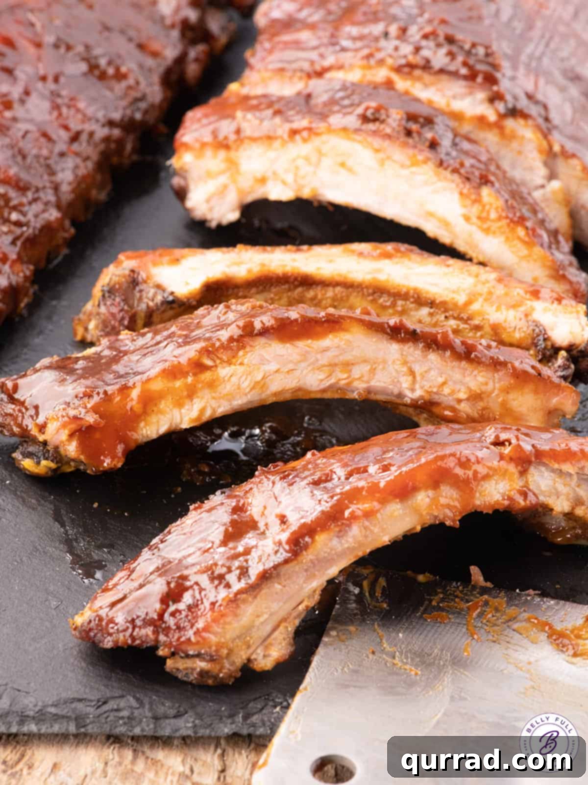 Sweet Peach BBQ Ribs 2 sliced BBQ baby back ribs