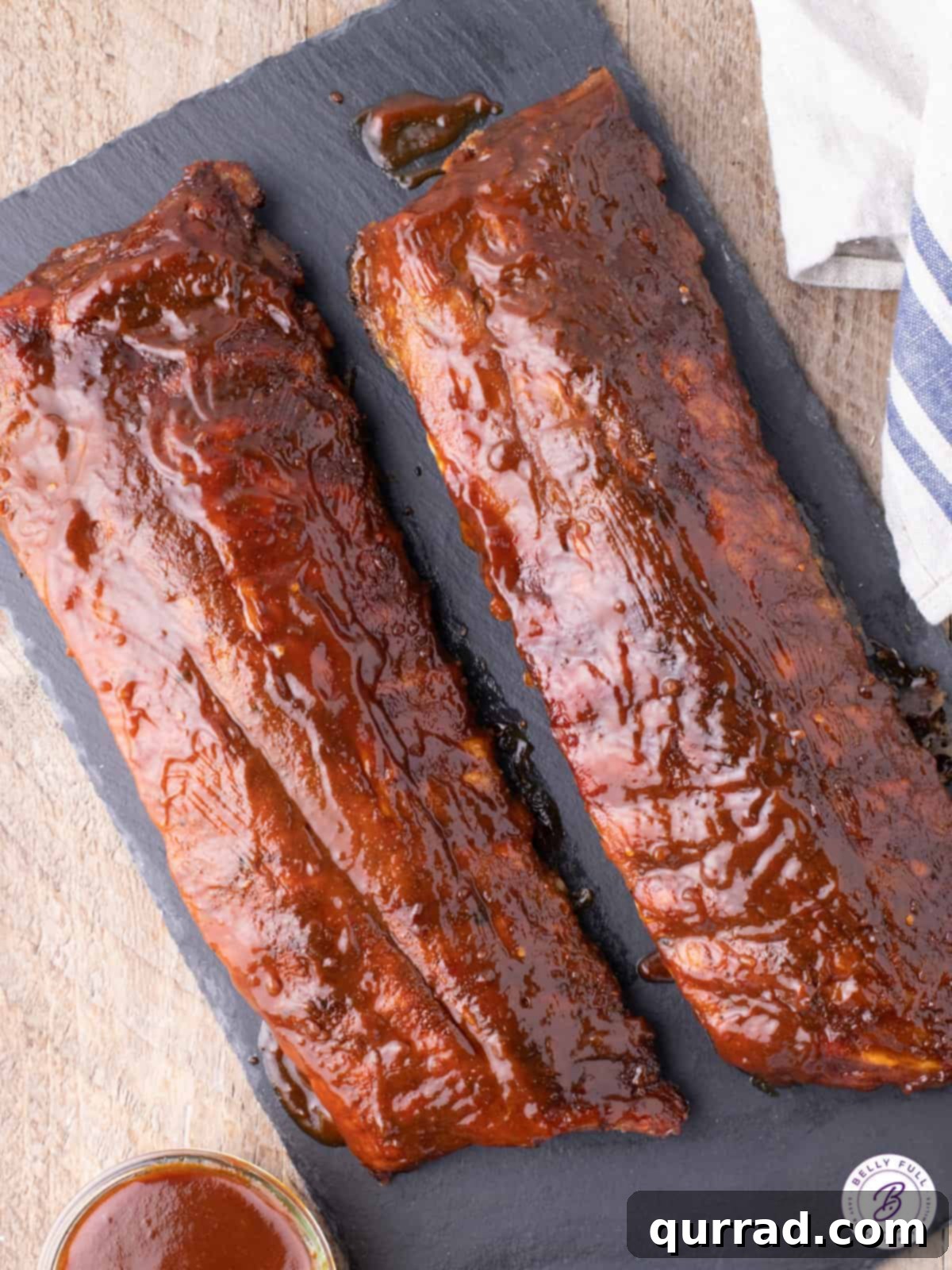 Sweet Peach BBQ Ribs 3 2 uncut slabs of grilled BBQ baby back ribs