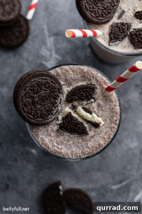 overhead picture of oreo milkshake with crushed oreos on top