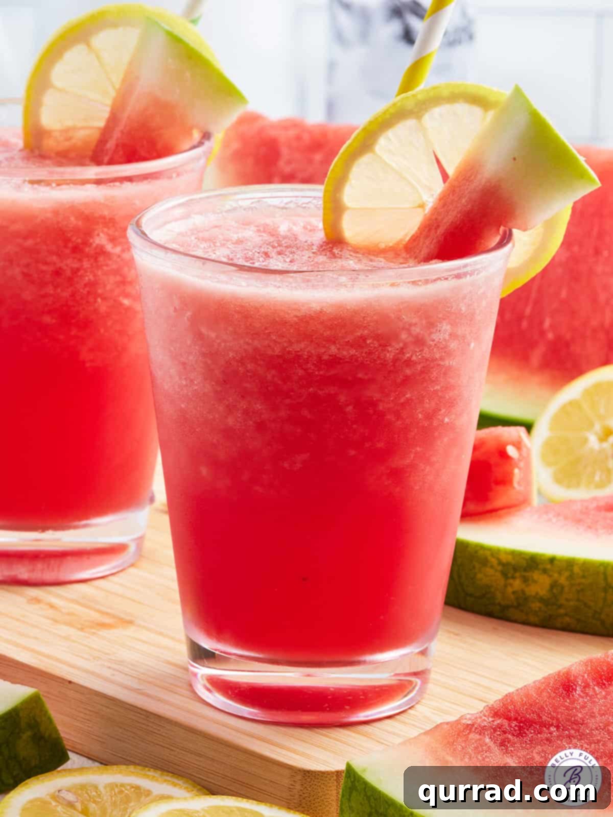 Watermelon Chill 2 watermelon slushie with watermelon cube and lemon slice