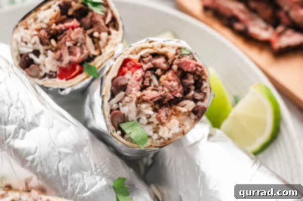 Restaurant-Quality Chipotle Steak Burrito at Home 11 close up inside view of chipotle steak burrito