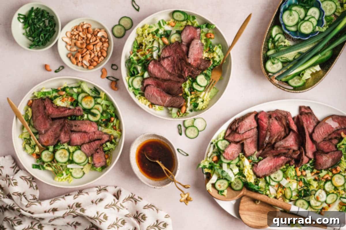 Ginger-Sesame Steak Salad 9 three plates of sliced grilled steak with cucumbers, salad, and chopped nuts