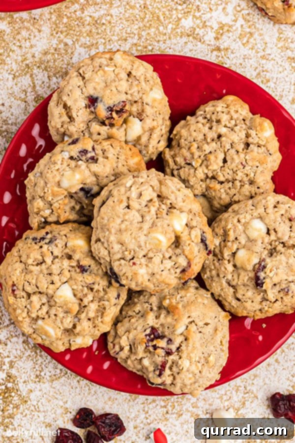 Chewy Cranberry Oat Delights 3 Overhead view of several golden-brown oatmeal craisin cookies piled on a festive red plate, ready to be served.
