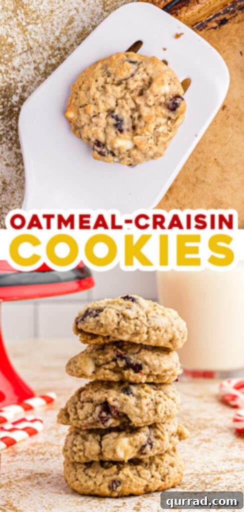 Chewy Cranberry Oat Delights 7 Two side-by-side images for Pinterest: One showing a stack of baked oatmeal craisin cookies, the other showing unbaked dough balls on a baking sheet.