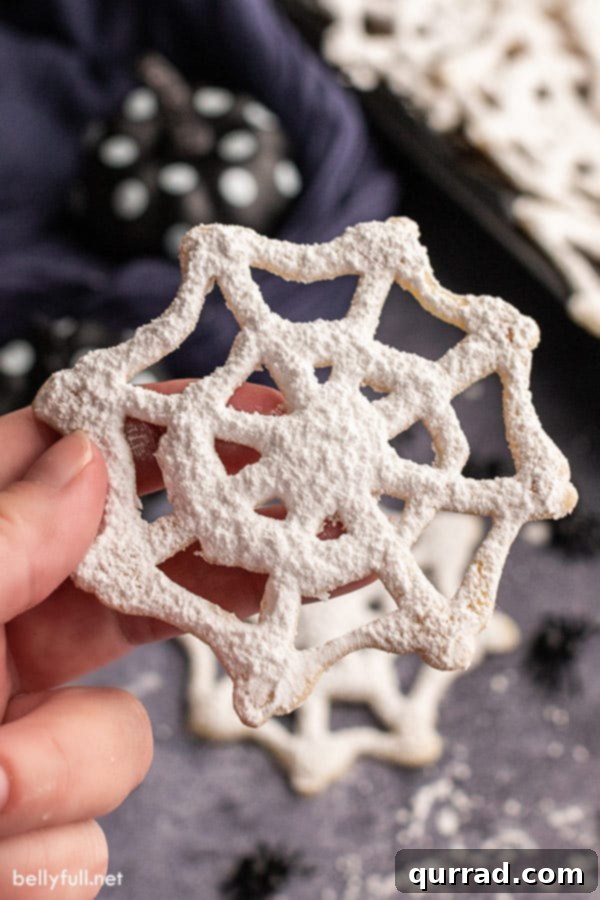 Spooky Spiderweb Delights 5 A hand gently holding a single, perfectly crafted cobweb Halloween cookie, showcasing its delicate design and powdered sugar dusting.