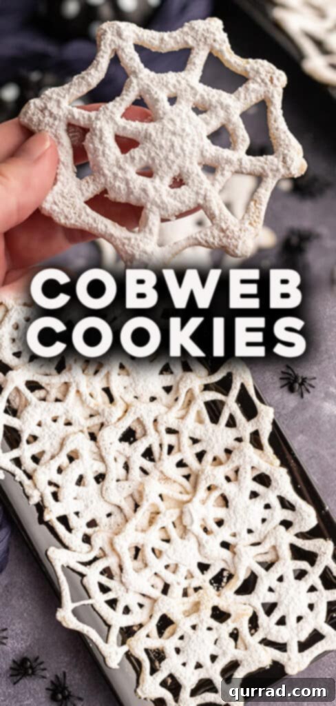 Spooky Spiderweb Delights 6 Pinterest pin graphic for the Cobweb Halloween Cookies recipe, featuring a collage of appetizing cookie images.