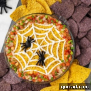 Wicked Web Dip 5 overhead 5 layer spiderweb dip with tortilla chips