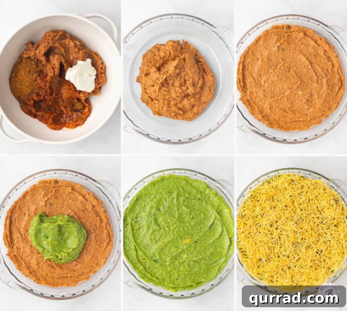 Wicked Web Dip 6 Step-by-step image guide showing how to prepare the bean base and layer the guacamole and cheese for the Halloween Spiderweb Dip.