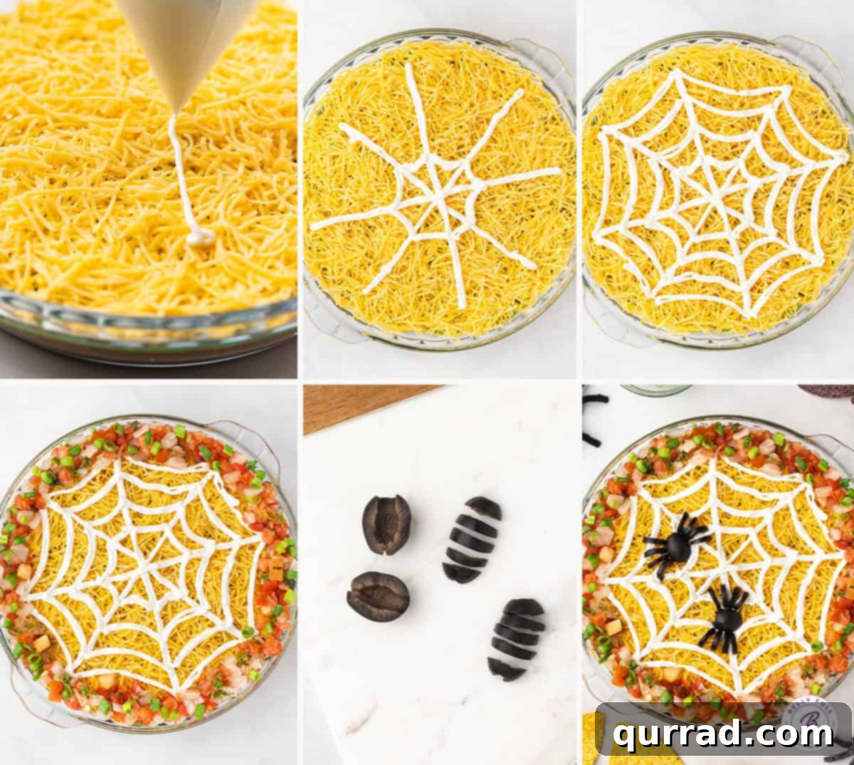 Wicked Web Dip 7 Detailed step-by-step photos illustrating how to pipe a sour cream spider web and assemble black olive spiders on top of the dip.