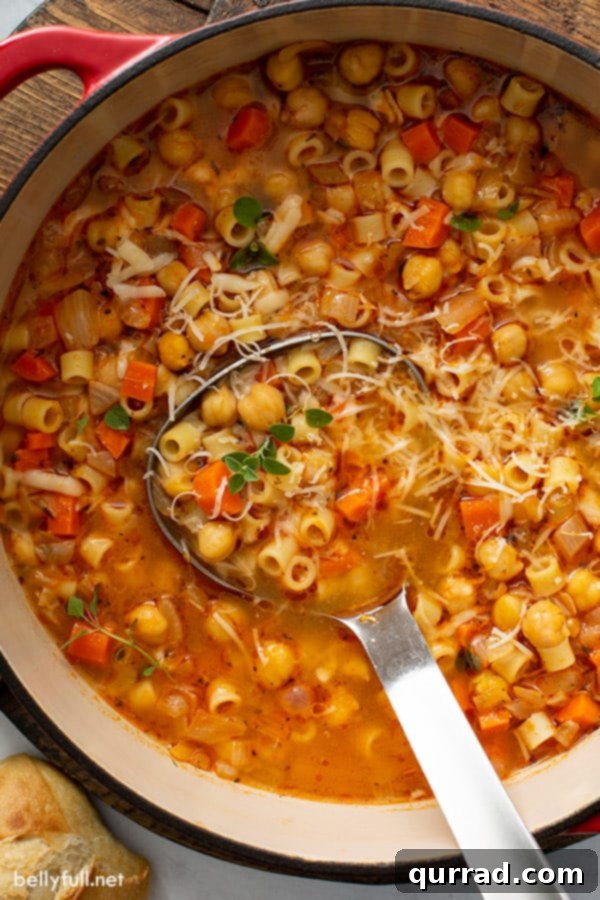 Hearty Pasta and Chickpea Stew 2 Hearty Pasta e Ceci stew with a ladle in a pot, showcasing tender pasta and chickpeas in a rich tomato broth.