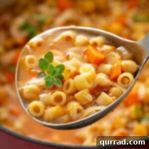 Ladle full of Pasta e Ceci, showcasing the rich broth, pasta, and chickpeas.