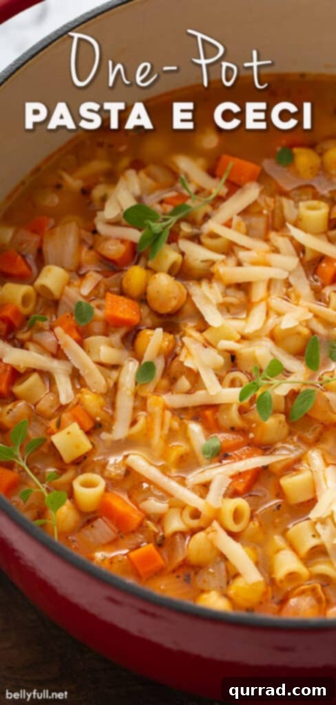 Hearty Pasta and Chickpea Stew 7 Pinterest graphic for Pasta e Ceci recipe, showing a bowl of the stew.