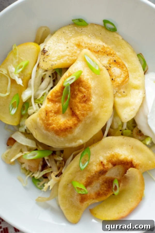 Golden pan-fried pierogi generously arranged over a bed of tender sautéed cabbage and apples, capturing the essence of a rustic yet refined comfort meal.