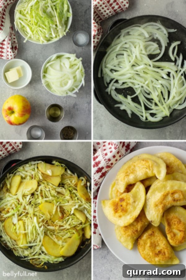 A vibrant flat lay of fresh ingredients including crisp green cabbage, a bright red apple, a sweet onion, and a package of ready-to-cook pierogi, showcasing all components for the delicious pierogi with cabbage and apple recipe.