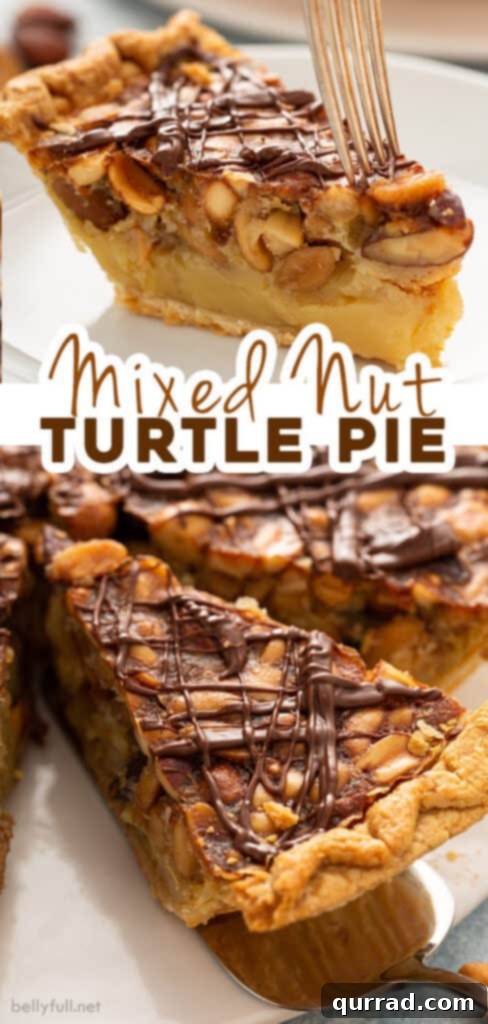 Two enticing pictures of Turtle Pie arranged for a pin, showcasing different angles of the delicious dessert.