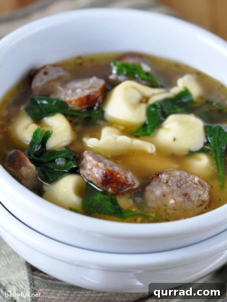 A vibrant and comforting Sausage Tortellini Soup loaded with cheese-filled tortellini, sweet Italian sausage, and fresh spinach. A perfect, quick, and flavorful meal ready in 30 minutes! Close-up of creamy Sausage Tortellini Soup with spinach and cheese tortellini in a white bowl, garnished with fresh herbs