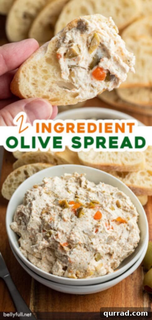 Two-Ingredient Olive Tapenade 6 Pin for olive spread recipe, showing the finished dip in a bowl
