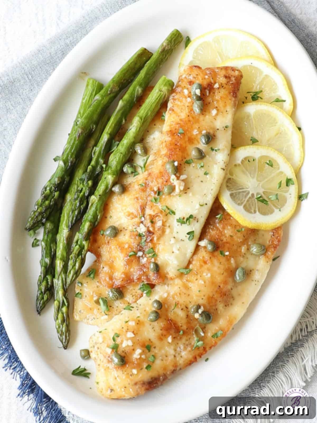 Zesty Lemon-Caper Fish 2 overhead fish piccata on plate with asparagus and lemons