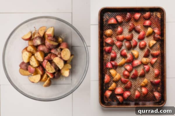 Uncooked quartered baby potatoes seasoned in a mixing bowl and spread on a baking sheet.