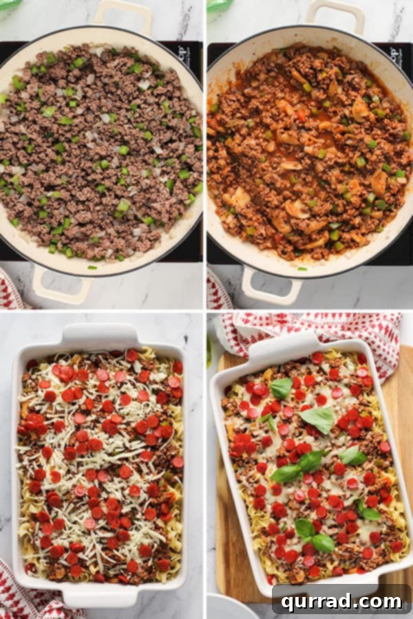 Cheesy Pizza Noodle Bake 4 4 picture collage for step by step pizza noodle casserole