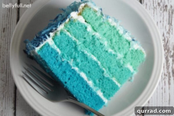 overhead picture of a slice of blue ombre cake