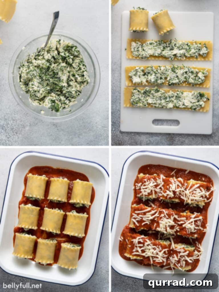 Savory Lasagna Pinwheels 6 A four-picture collage demonstrating the process of making lasagna rolls: cooking noodles, spreading filling, rolling, and arranging in a baking dish.