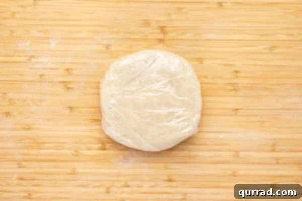 round disk of pie crust dough wrapped in plastic wrap