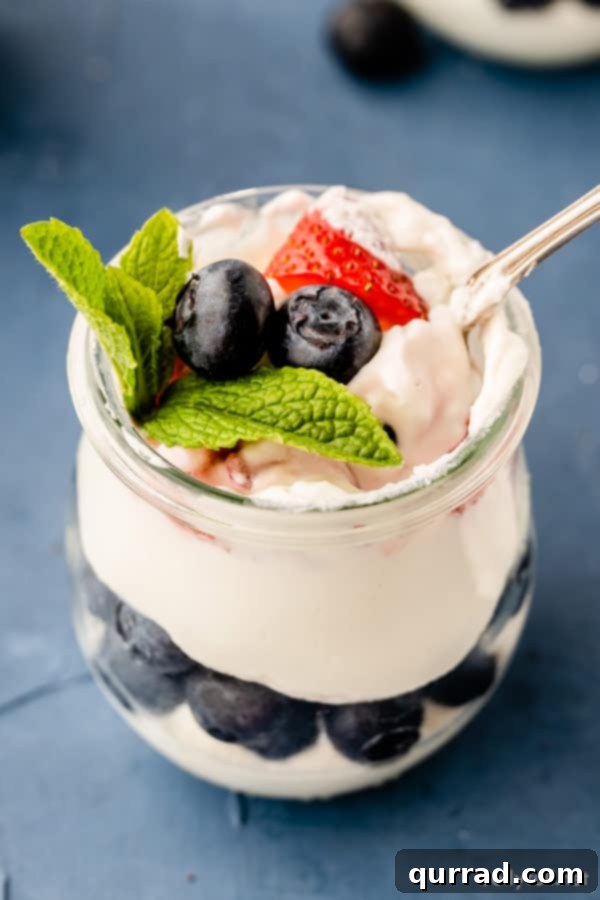 Whipped Berry Cheesecake Layers 3 overhead picture of blueberries and strawberries, with mint leaf, in cheesecake mousse with spoon