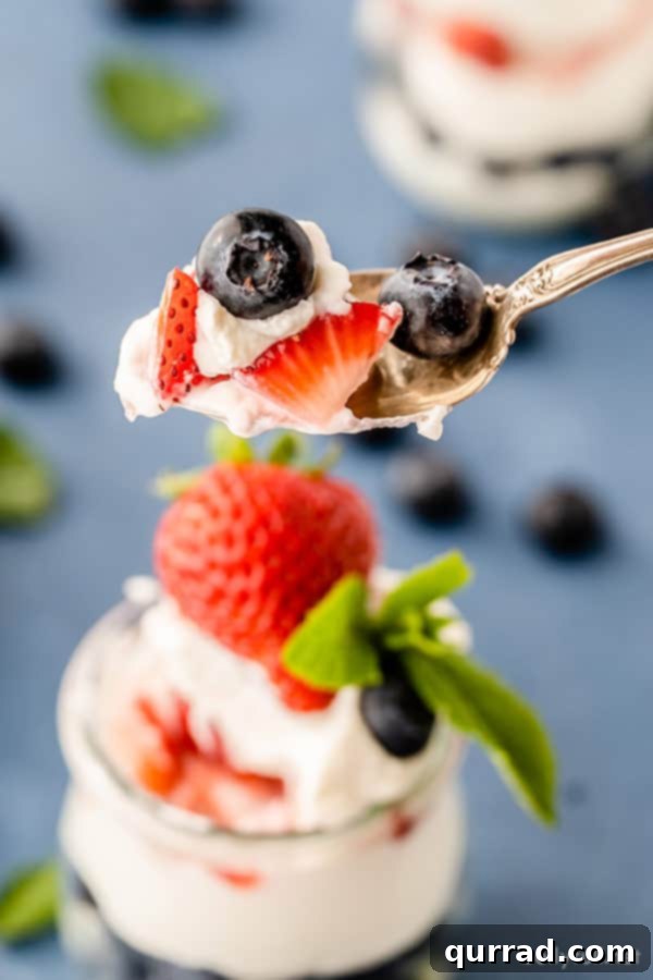 Whipped Berry Cheesecake Layers 4 fresh blueberries and cut up strawberries with cheesecake mousse on spoon
