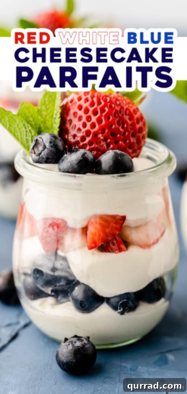 Whipped Berry Cheesecake Layers 5 long pin for red white blue cheesecake mousse parfaits