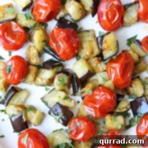 close up oven roasted eggplant and cherry tomatoes, ready to be served