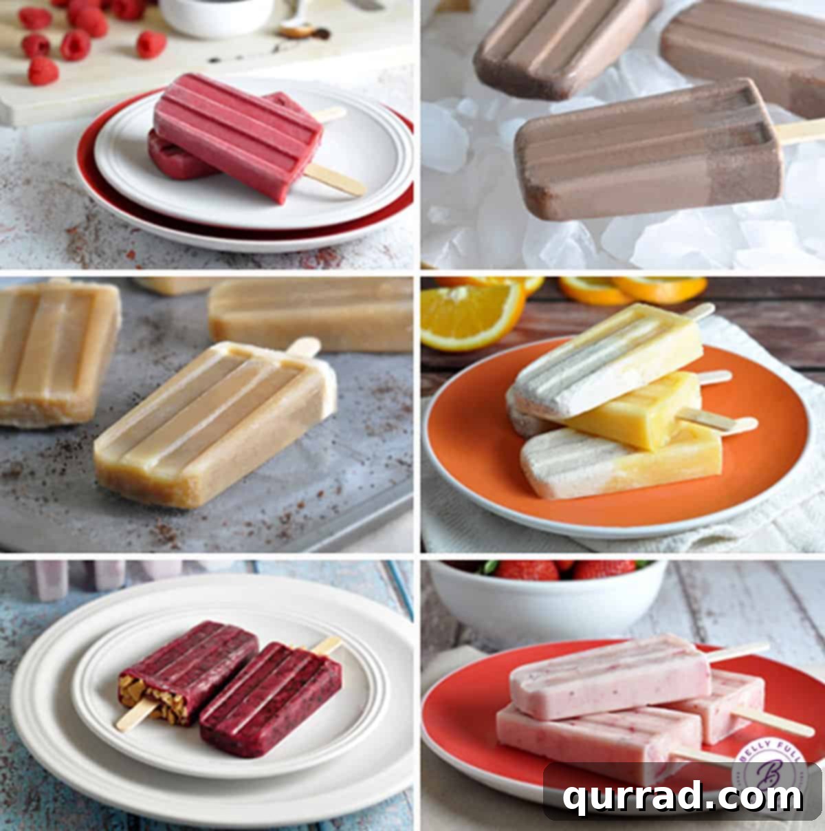 Creamy Blackberry Cheesecake Pops 4 A collage of six different homemade popsicle varieties, showcasing various colors and textures, including the blackberry cheesecake popsicles.