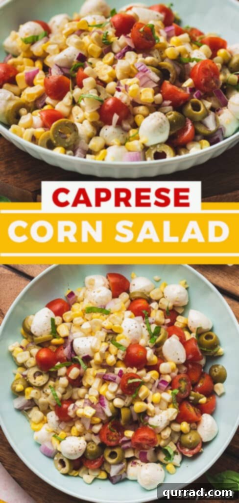 pin for caprese corn salad recipe, a final inviting image of the dish