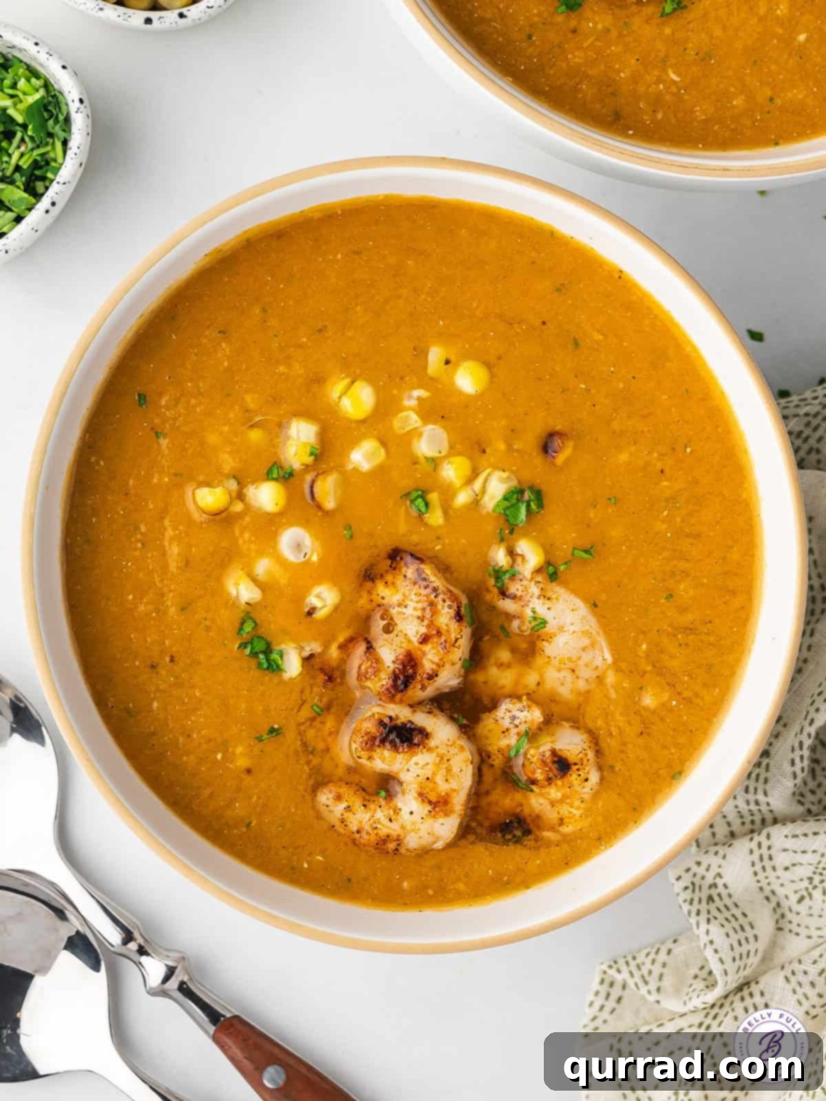 Cool Gazpacho, Smoky Shrimp 3 overhead bowl of gazpacho soup with grilled shrimp and corn kernels