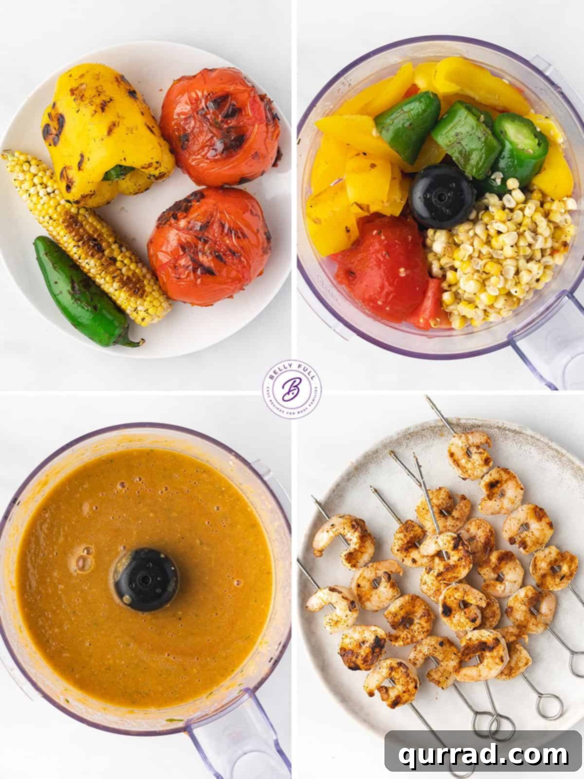Cool Gazpacho, Smoky Shrimp 4 4 picture collage how to make summer gazpacho and grilled shrimp