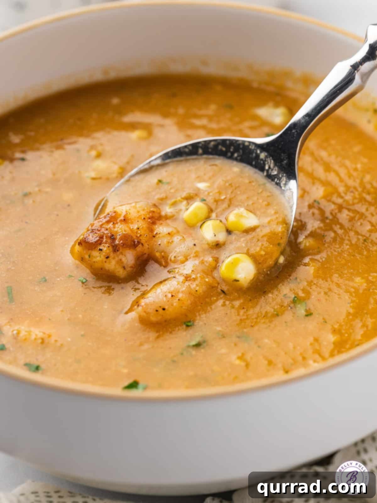 Cool Gazpacho, Smoky Shrimp 5 spoonful of cold vegetable soup with grilled shrimp and corn