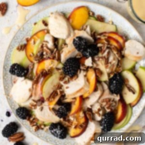 Overhead Honey-Sesame Chicken Salad with summer fruits