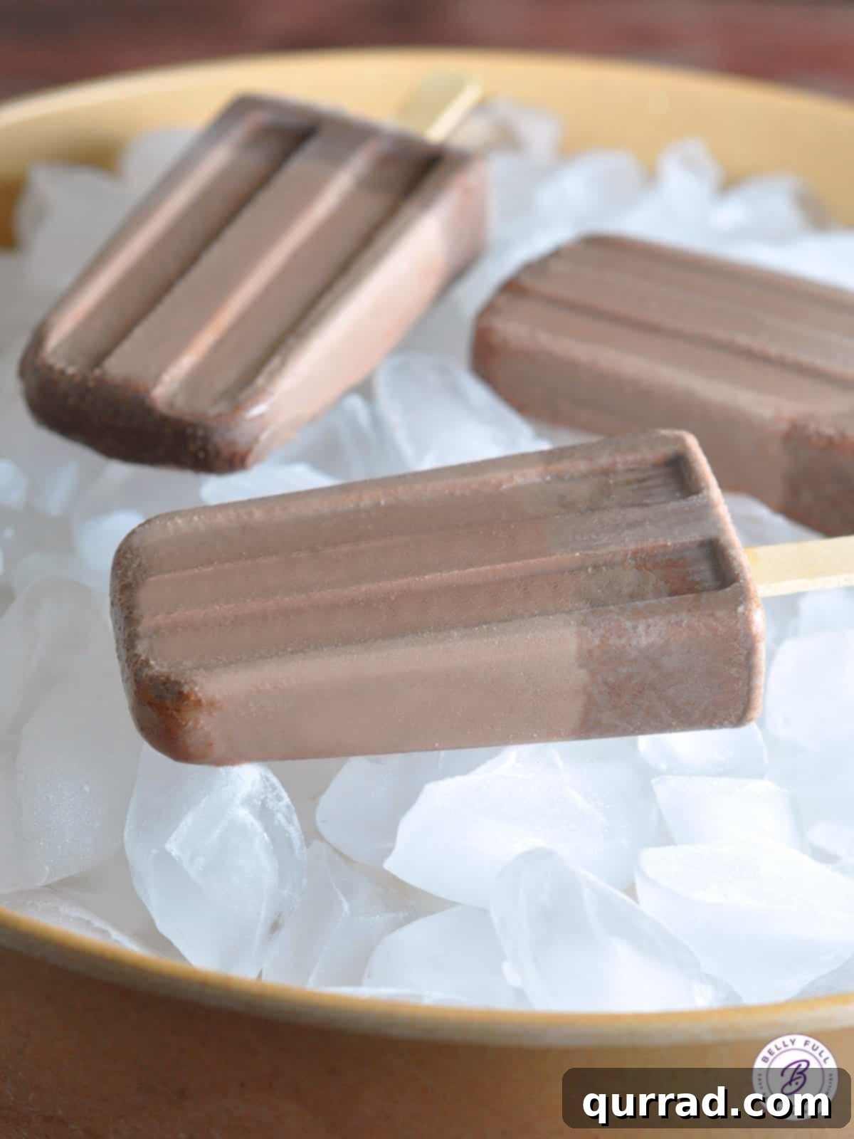 Mexican Spice Chocolate Paletas 2 close up Mexican Popsicles sitting on ice