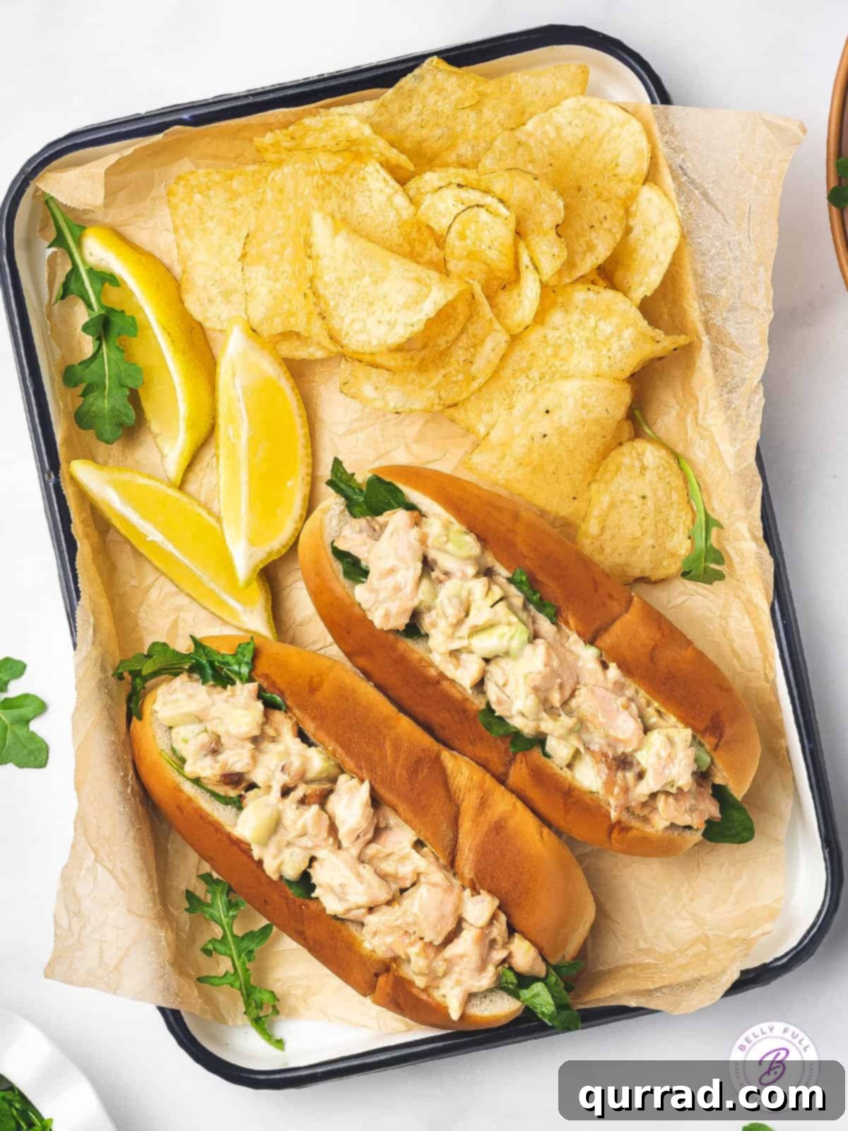 overhead salmon rolls on serving tray with potato chips