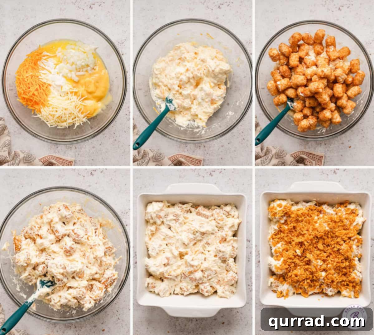 6 step-by-step images showing how to make cheesy funeral potatoes from mixing to baking