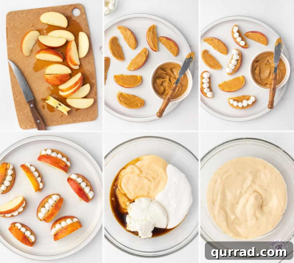 Apple Creature Chompers with Fruity Dip 5 A step-by-step visual guide showing how to prepare apple monster mouths and fruit dip, from slicing apples to assembling the final spooky snack.
