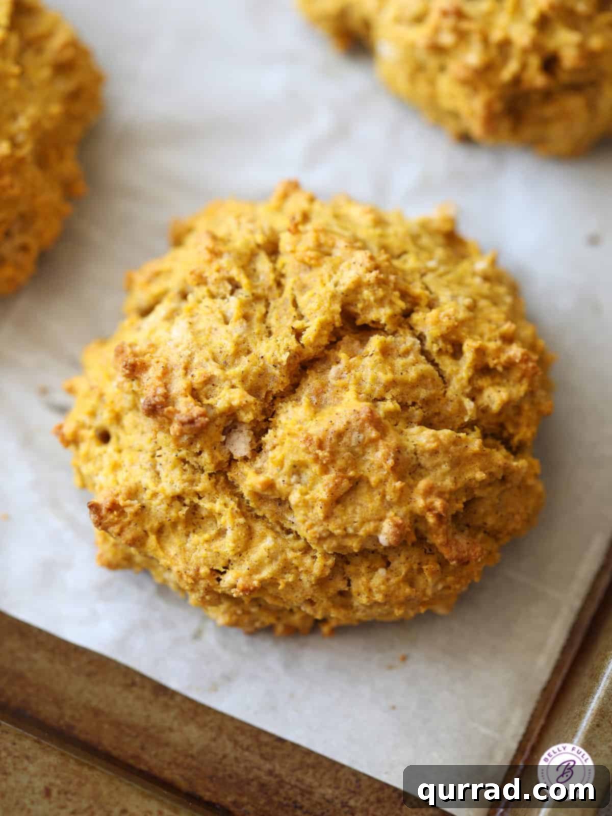 Spiced Autumn Pumpkin Drops 3 close up whole pumpkin biscuit on baking sheet