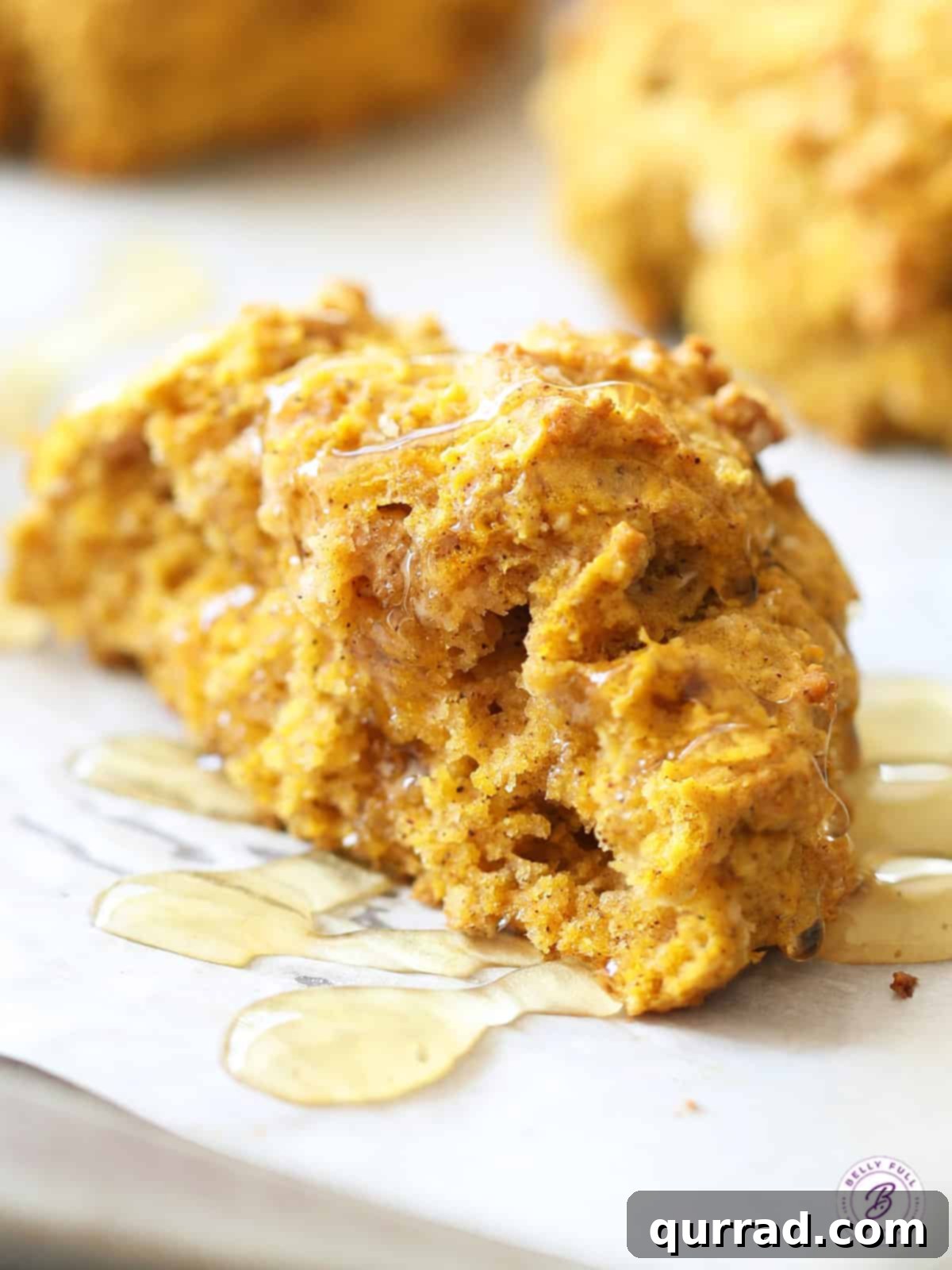 Spiced Autumn Pumpkin Drops 4 drop biscuit with pumpkin puree split in half topped with honey