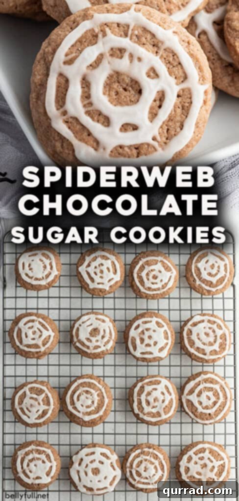 Spooky Chocolate Spiderweb Sugar Cookies 6 A vibrant Pinterest pin image featuring a tray of chocolate sugar cookies with spiderweb icing, perfect for sharing Halloween dessert ideas.